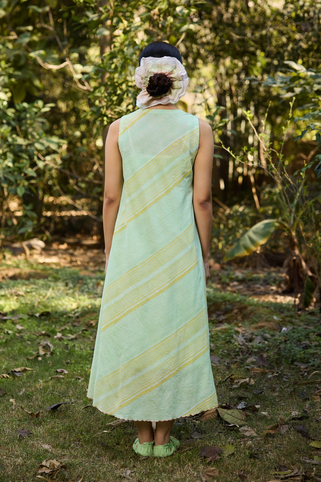 Vana Dress — Mint green and yellow hand-block printed dress — detail view | Sarron