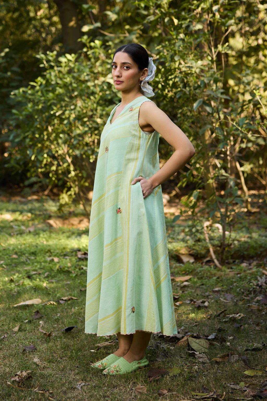 Vana Dress — Mint green and yellow hand-block printed dress — close-up | Sarron