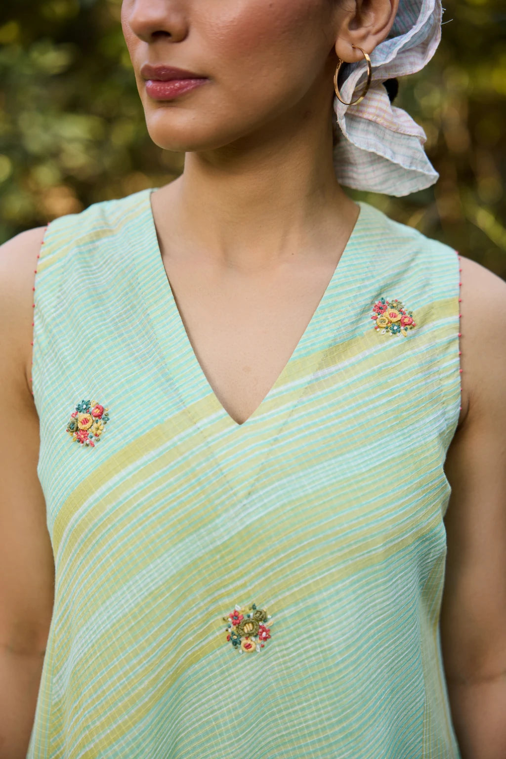 Vana Dress — Mint green and yellow hand-block printed dress — styled view | Sarron