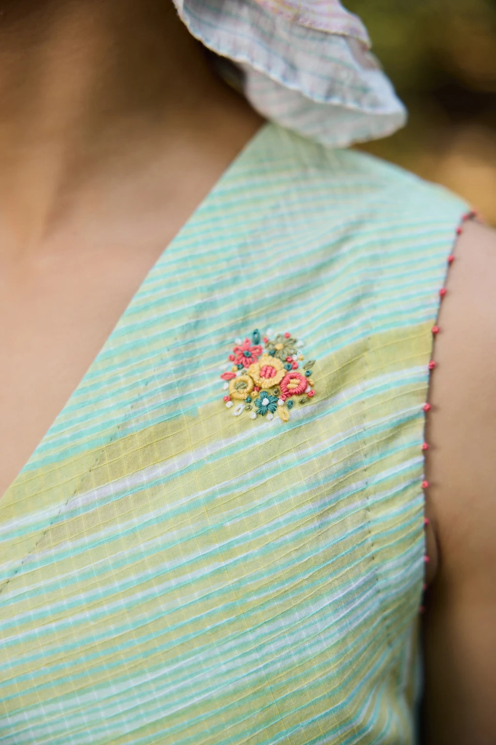 Vana Dress — Mint green and yellow hand-block printed dress — fabric detail | Sarron