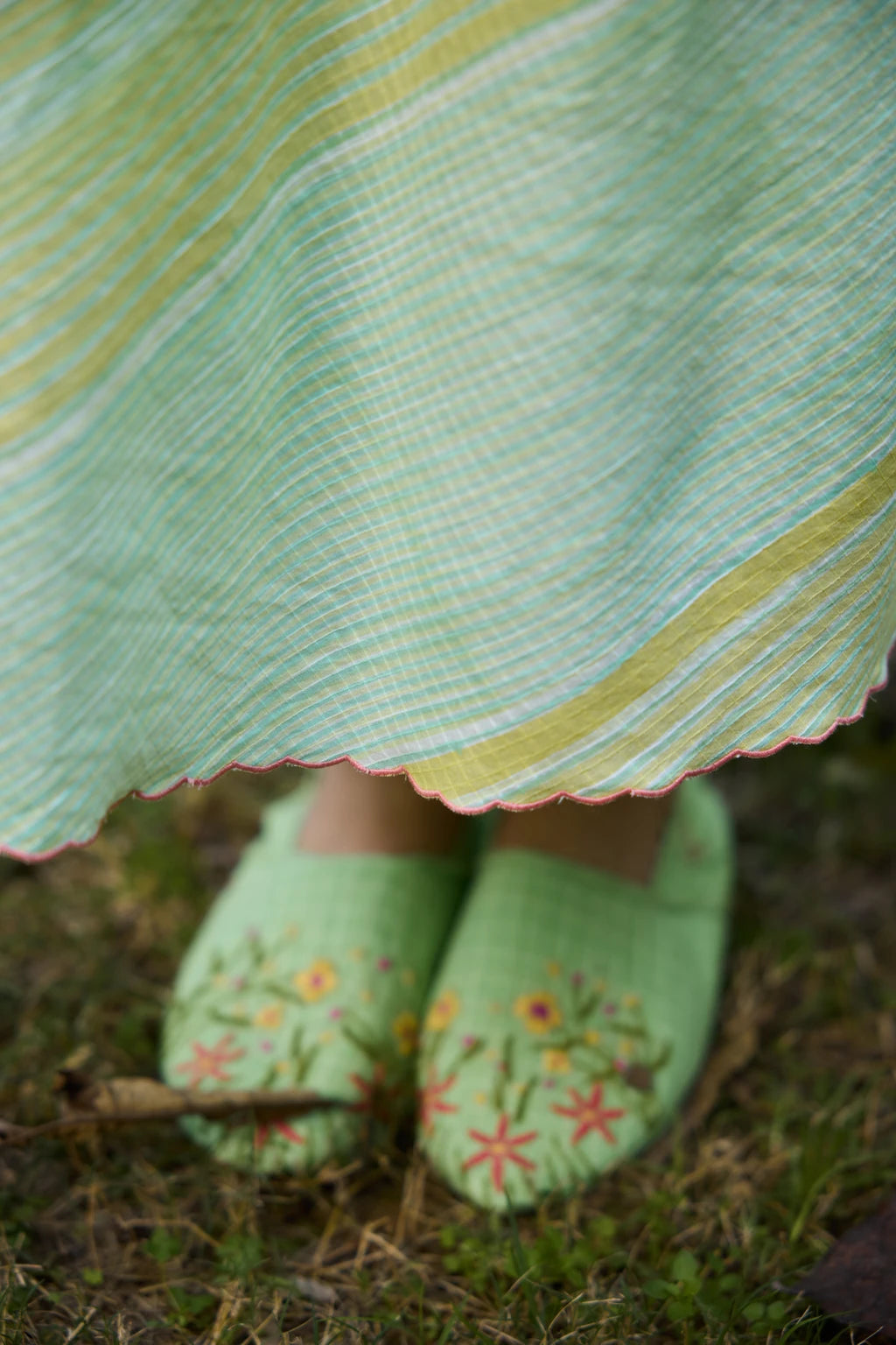 Vana Dress — Mint green and yellow hand-block printed dress — full length | Sarron