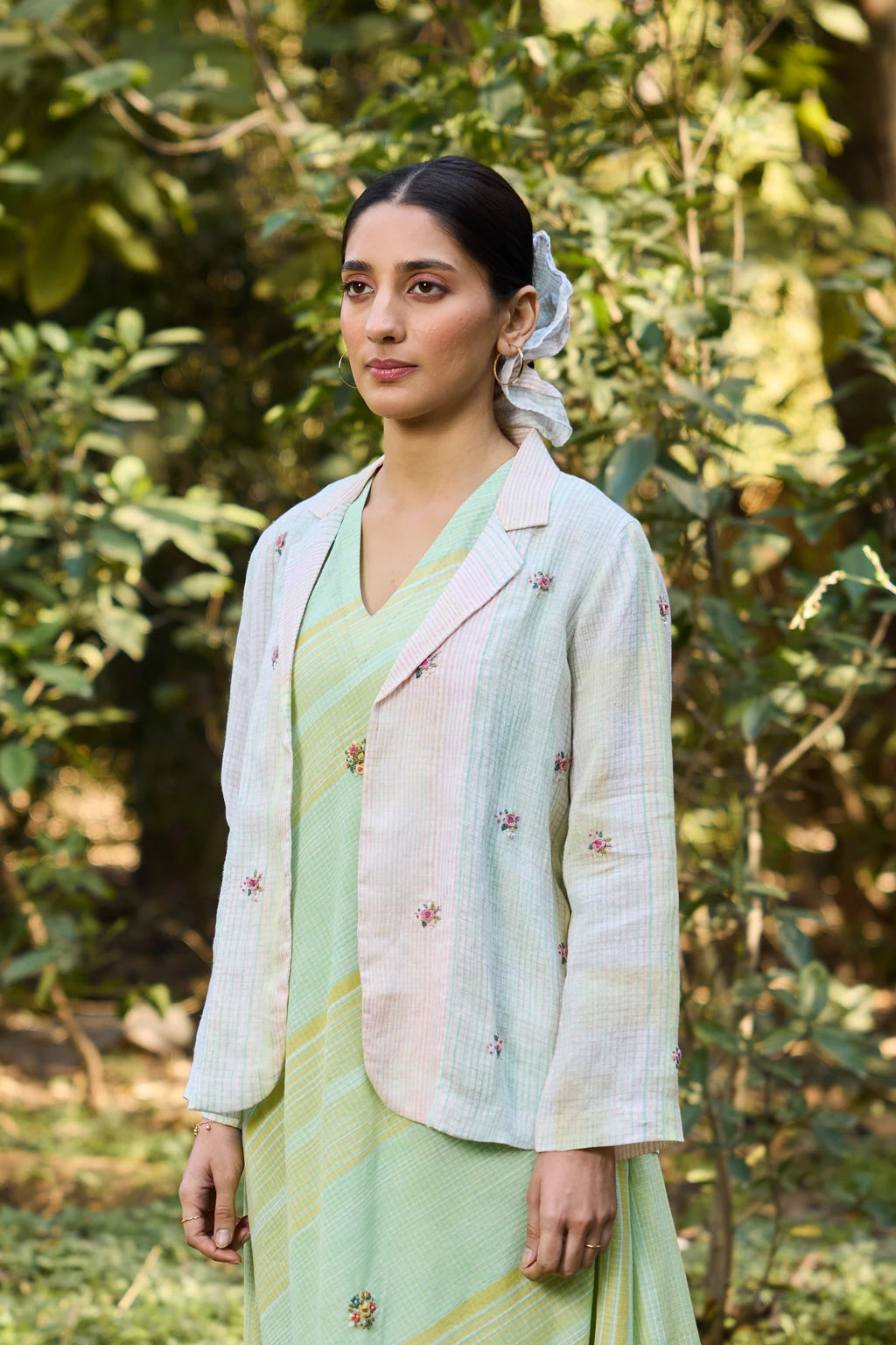 Vana Overlay — White hand-block printed cotton jacket — side view | Sarron