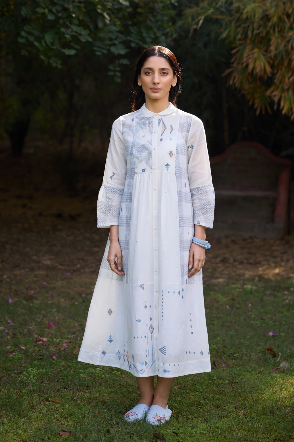 Ziya Dress — White patchwork Jamdani dress with peter collar — front view | Sarron