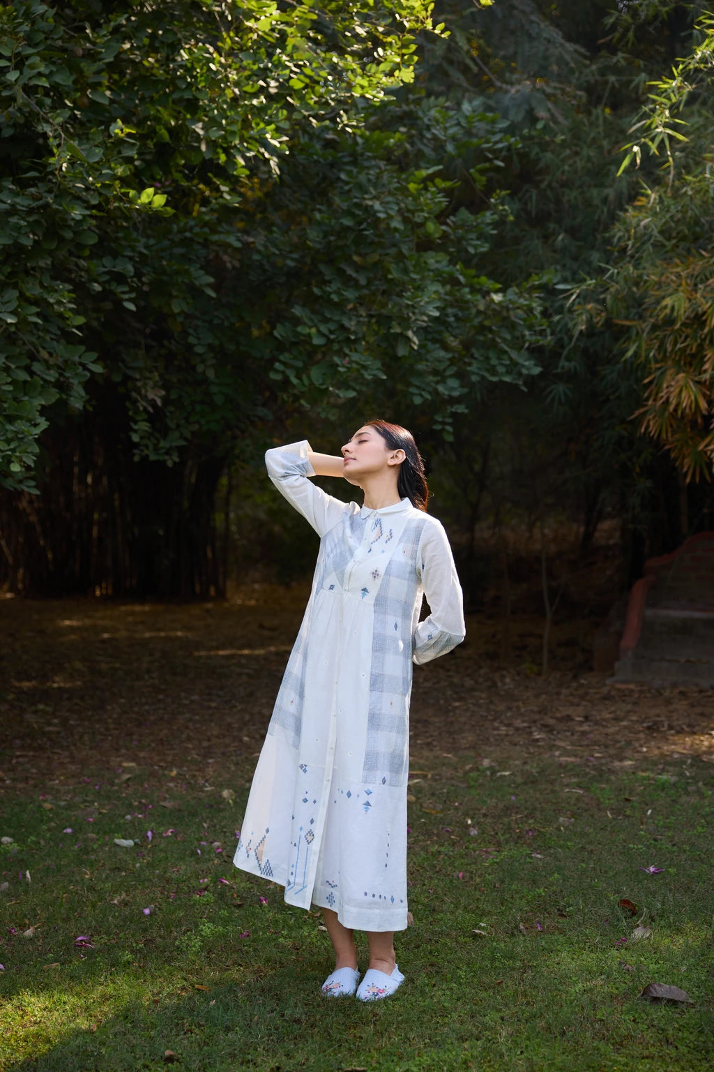 Ziya Dress — White patchwork Jamdani dress with peter collar — flat lay | Sarron