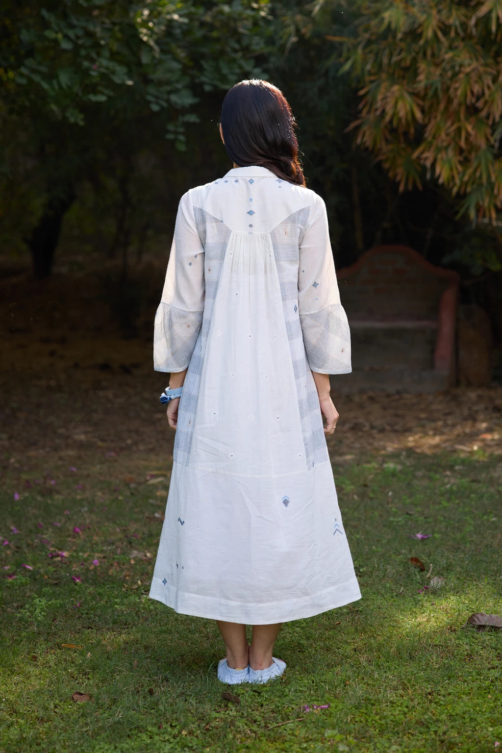 Ziya Dress — White patchwork Jamdani dress with peter collar — back view | Sarron