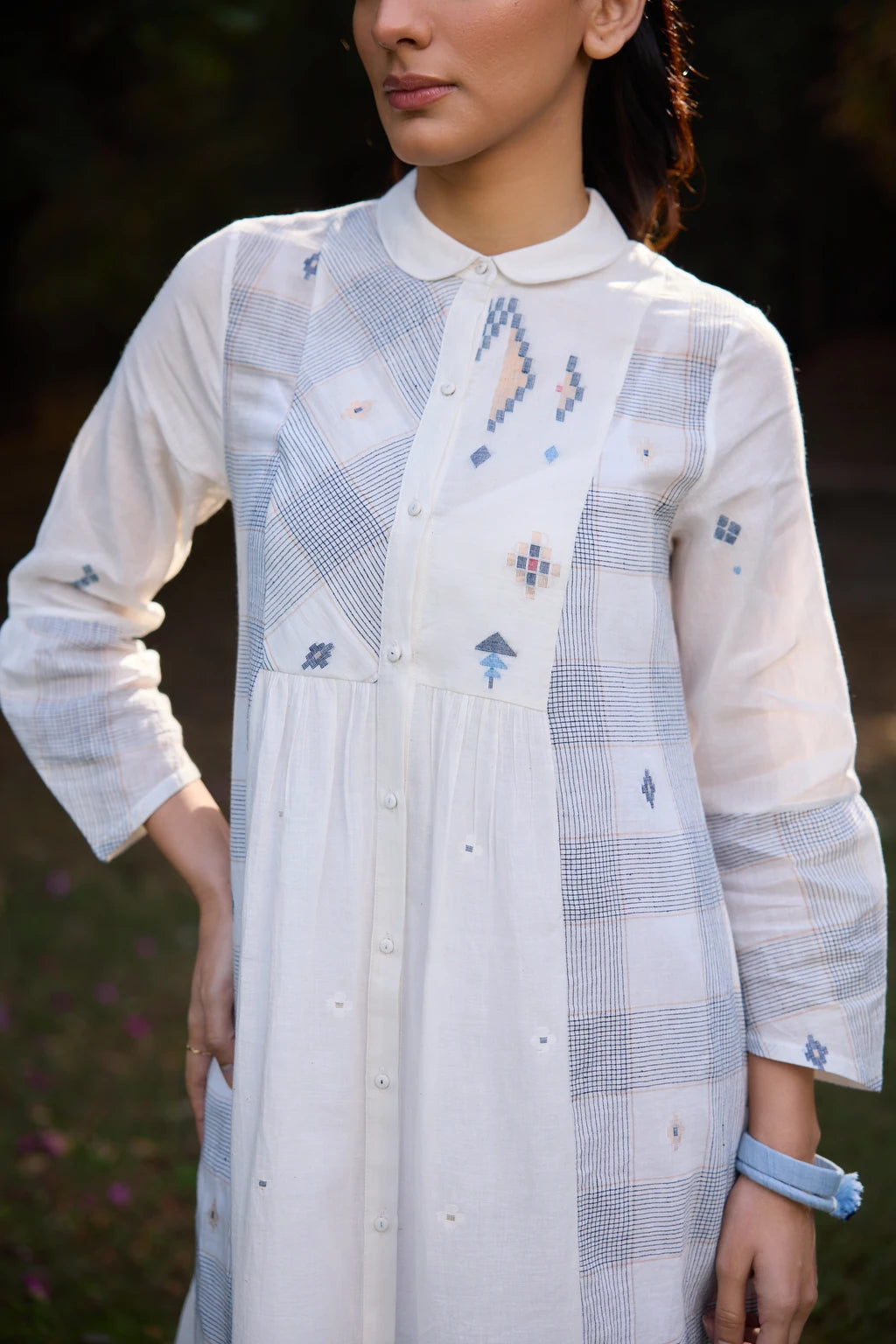 Ziya Dress — White patchwork Jamdani dress with peter collar — close-up | Sarron