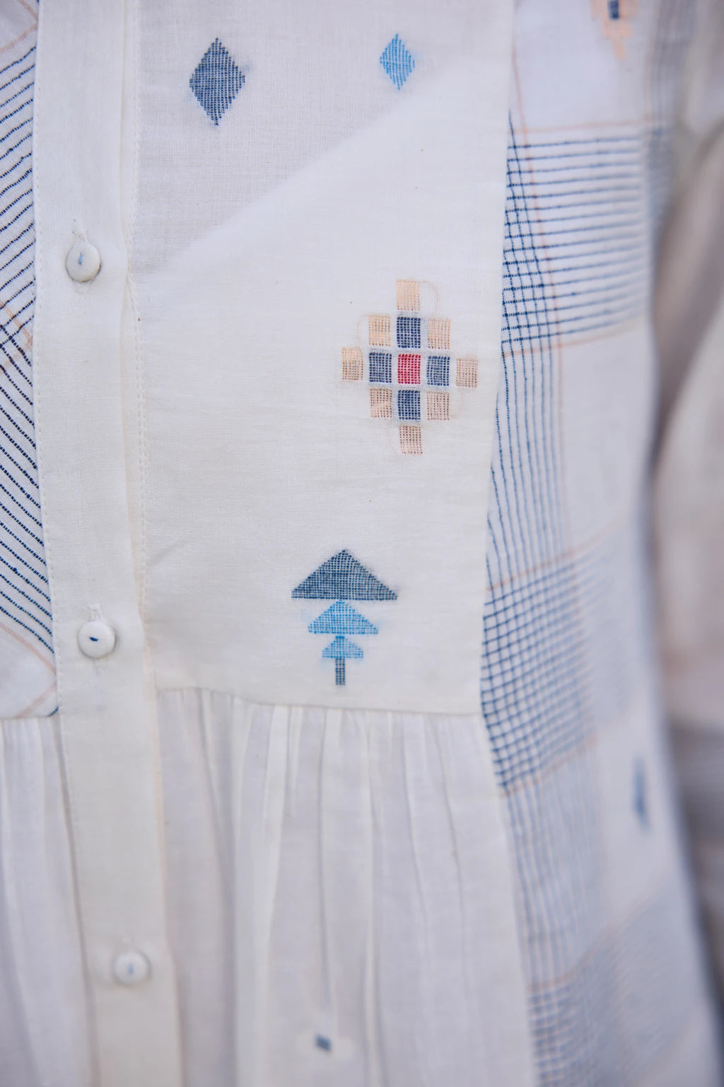 Ziya Dress — White patchwork Jamdani dress with peter collar — styled view | Sarron