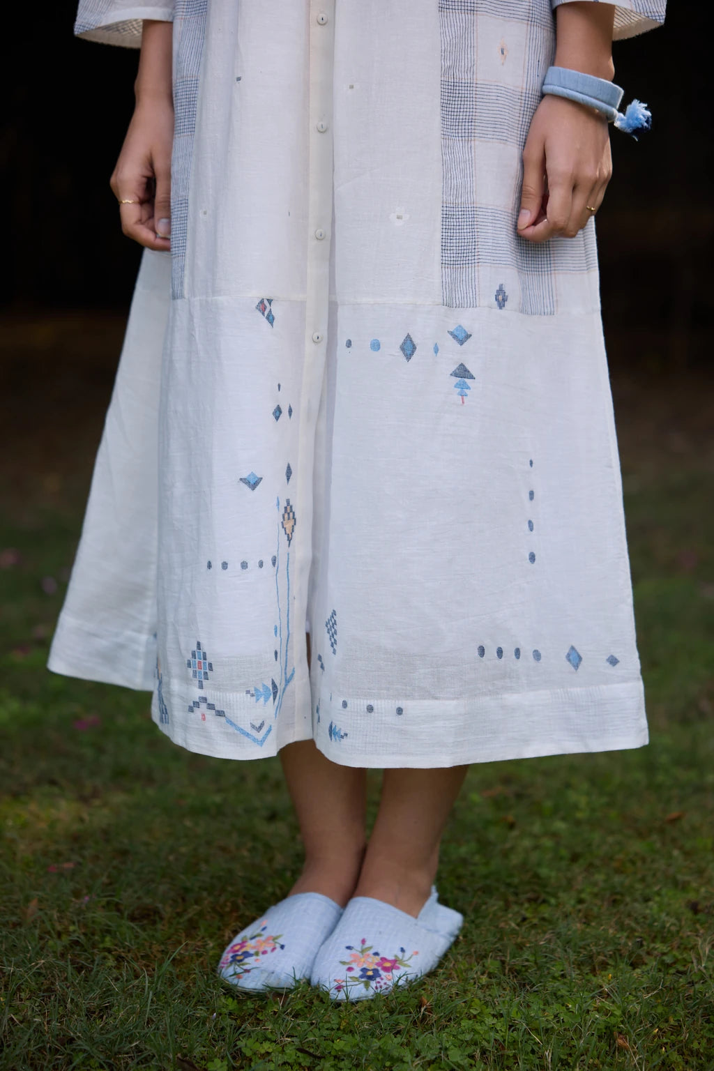 Ziya Dress — White patchwork Jamdani dress with peter collar — fabric detail | Sarron